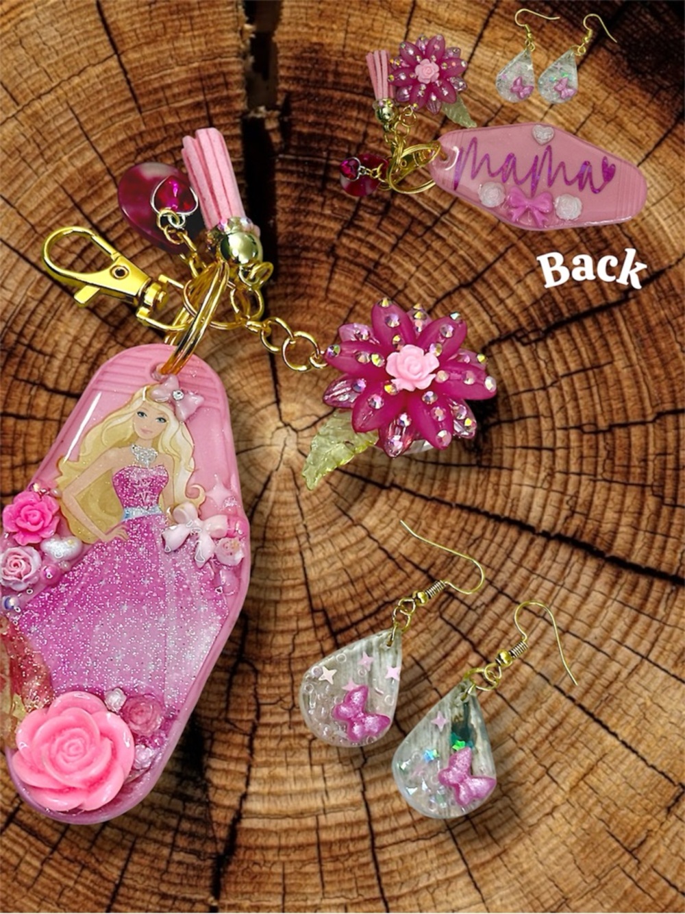 Keychain & Earrings & Set, Mother’s Day Gift, Resin Jewelry, pink Barbie Momma